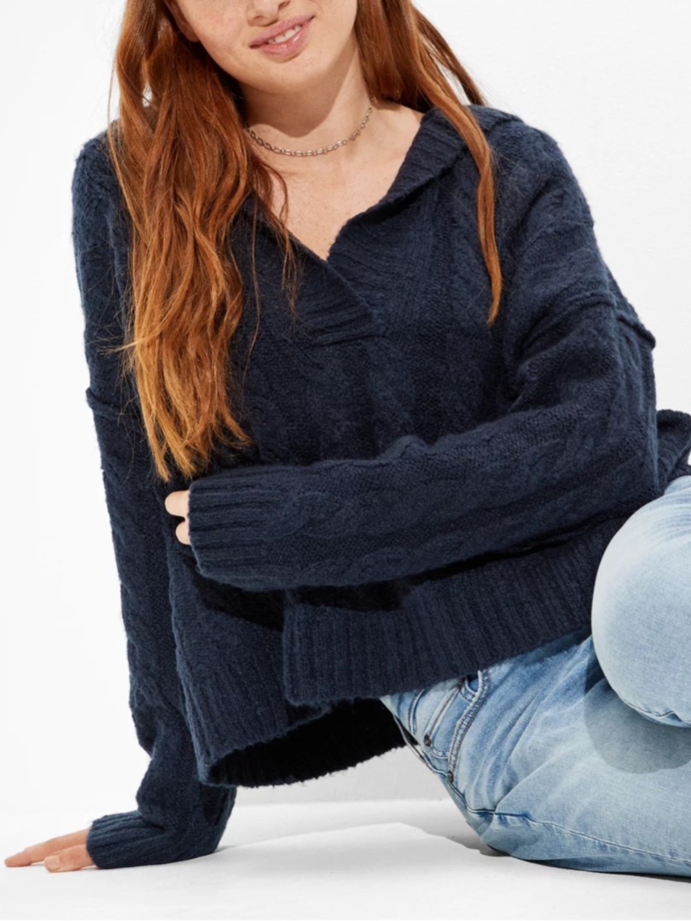 American Eagle V-Neck Navy Blue Soft & Cozy Cable Knit Hooded Sweater Small